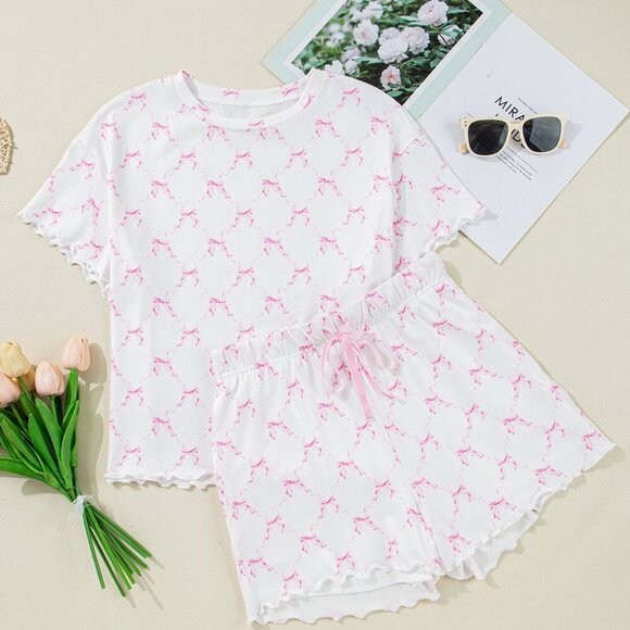 Pink Bow Knot Geometric Two Piece Lounge Set - Picture 3 of 3